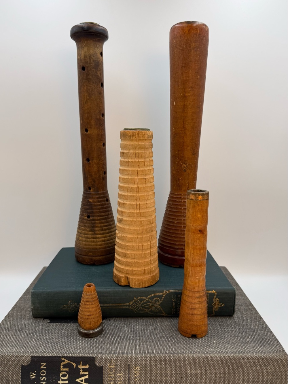 Antique Vintage Wooden Wood Textile Bobbins Spools Spindles Industrial Lot Of 5